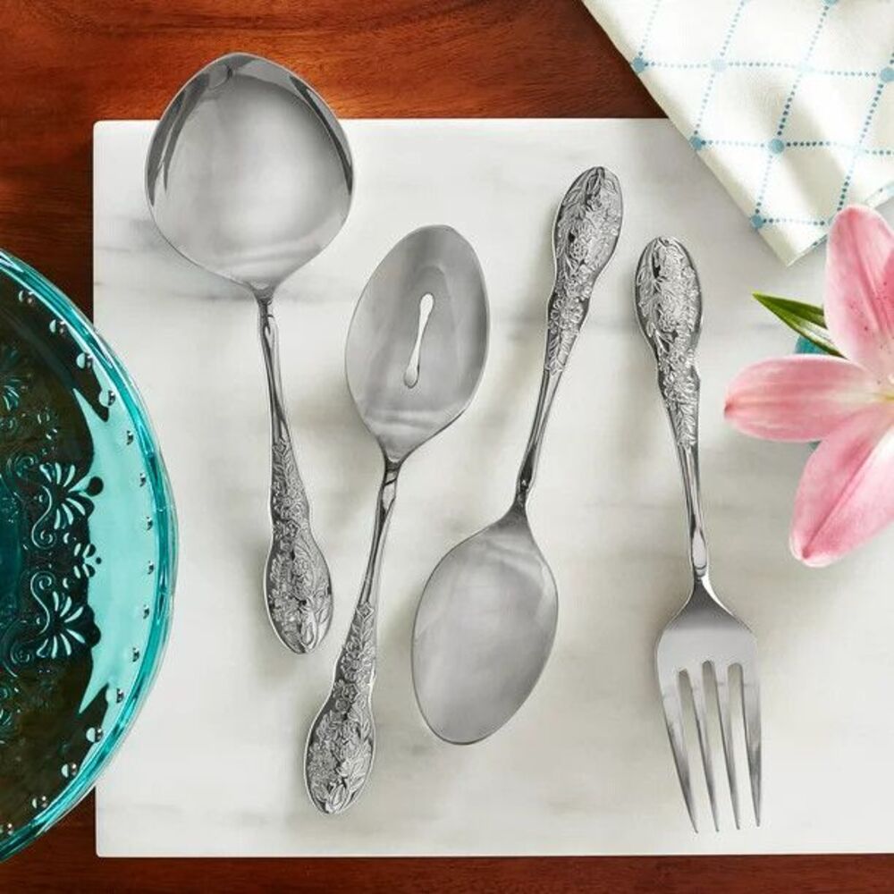 Pioneer Woman Mazie Serve Utensils 4Pc Hostess Set Silver Serving Spoons Fork
